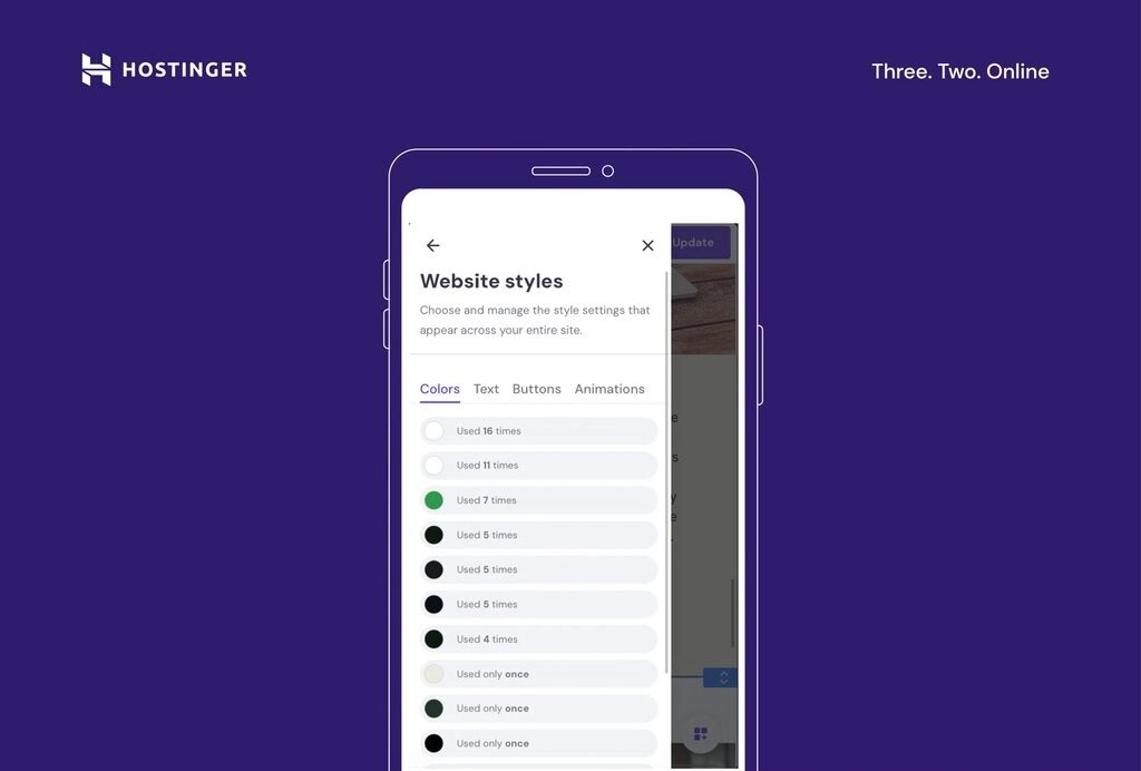 estilos do site no editor mobile da hostinger