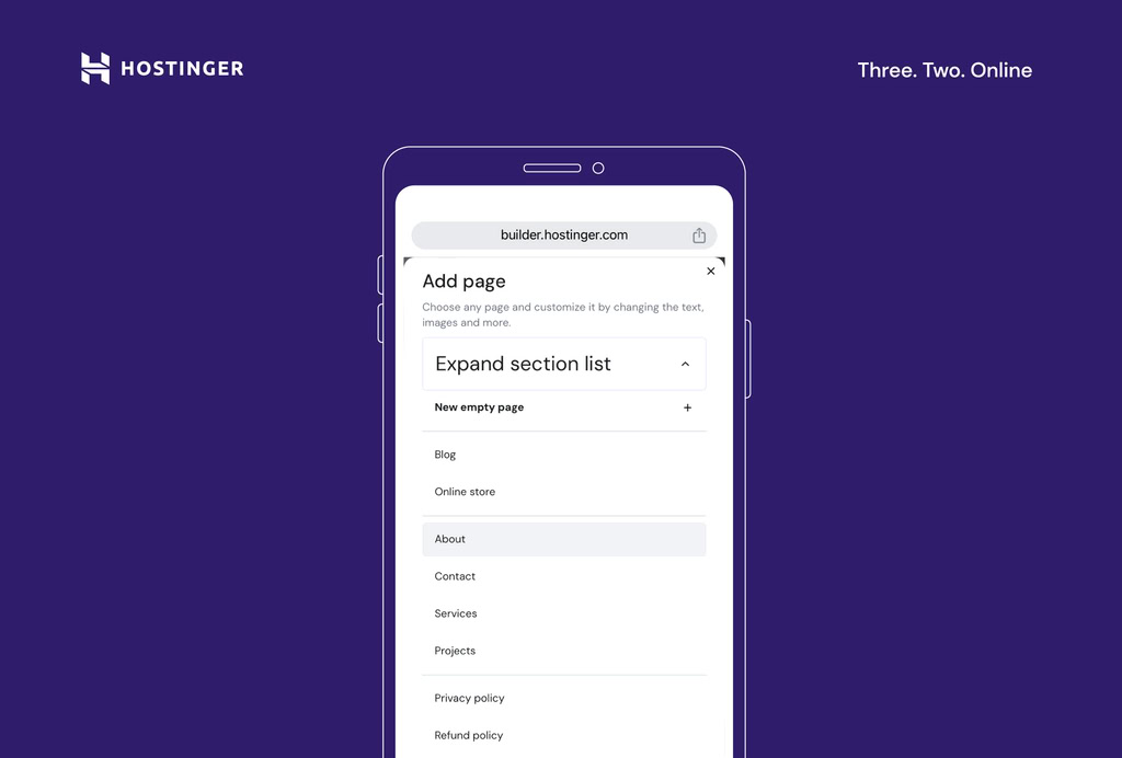 adicionar página na seção páginas e navegação do editor mobile da hostinger