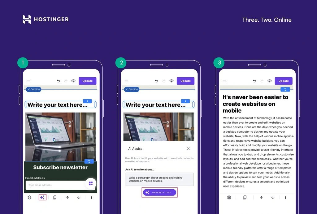 escritor ia no editor mobile da hostinger