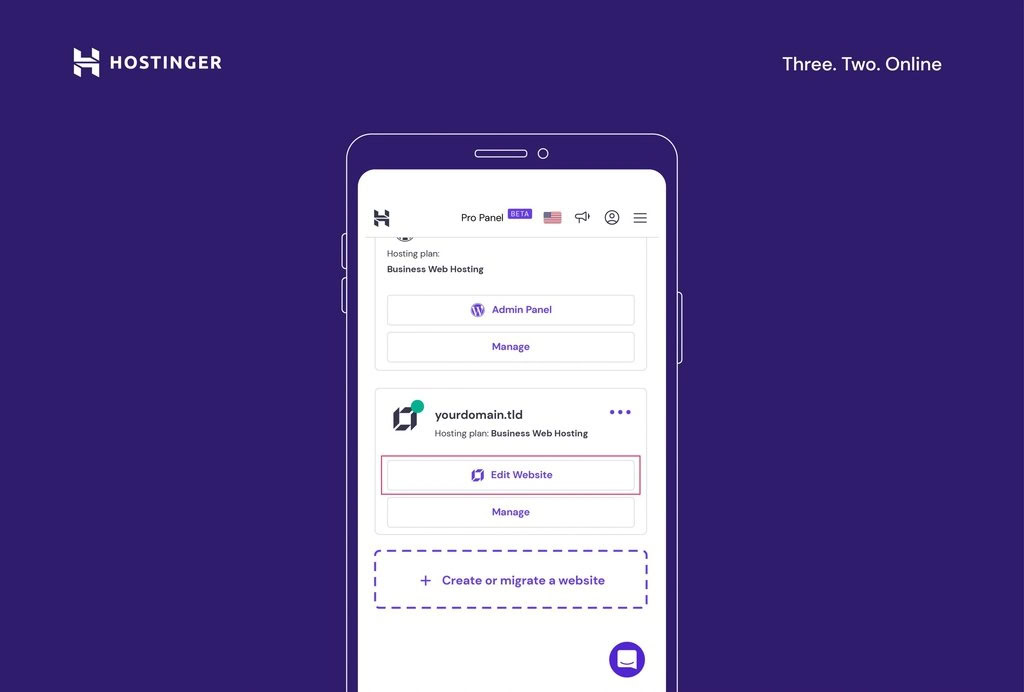 hpanel da hostinger em dispositivo móvel