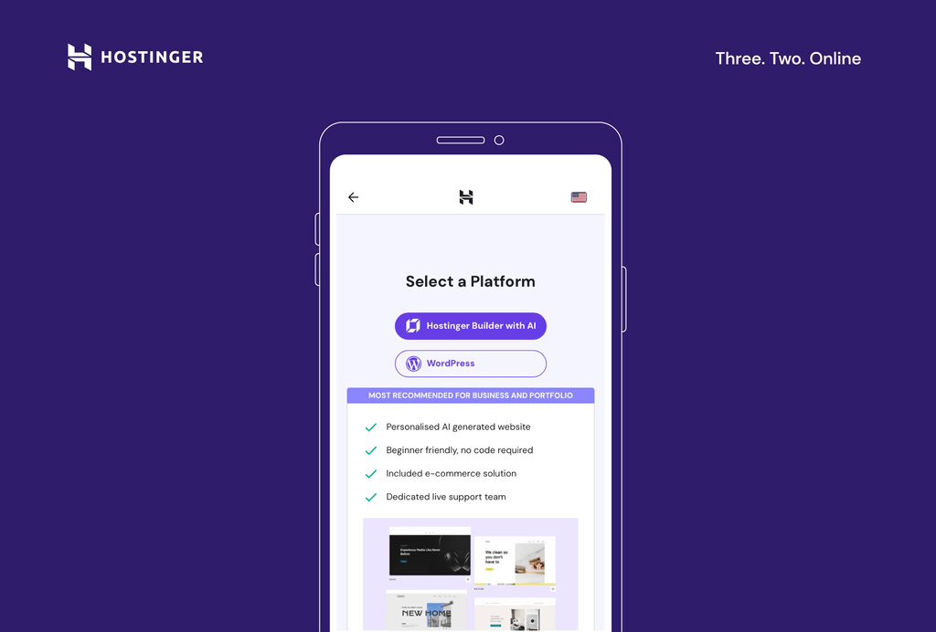 opção de criar novo site com criador de sites da hostinger no dispositivo móvel