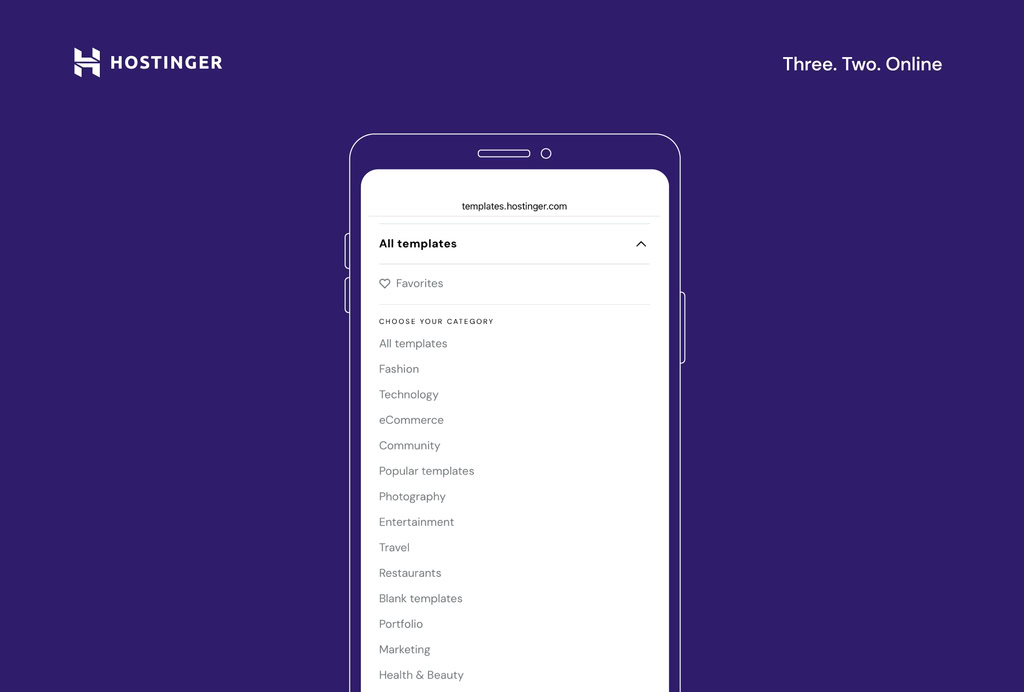 escolhendo template no editor mobile da hostinger