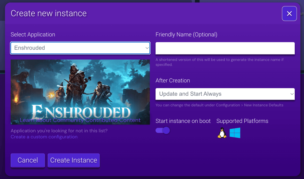 Game Panel criando servidor do Enshrouded