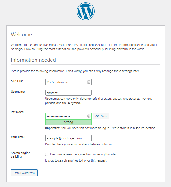 tela de instalação do wordpress