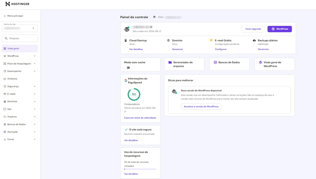 Painel de controle da Hostinger
