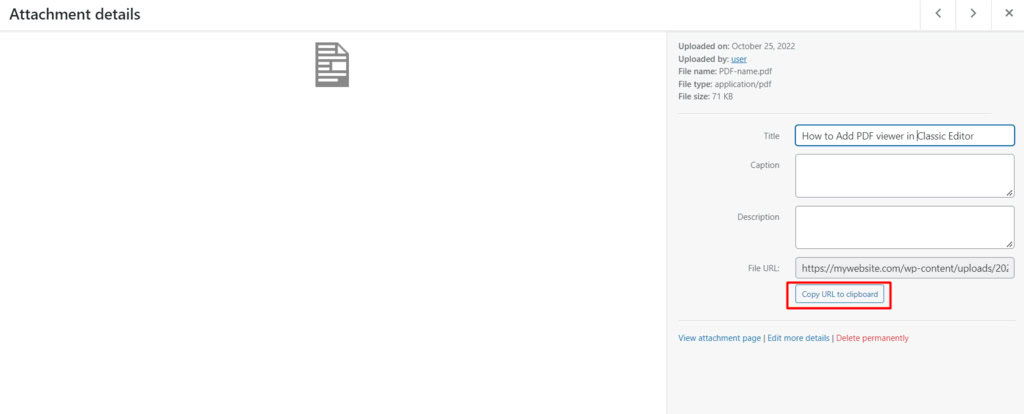 página com detalhes de mídia do wordpress com url em destaque