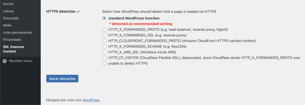 Local para salvar as altera&ccedil;&otilde;es do plugin SSL Insecure