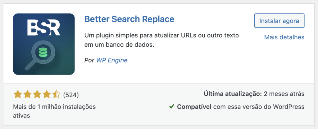 Janela de instala&ccedil;&atilde;o do plugin Better Search Replace