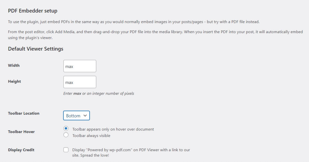 opções do plugin pdf embedder