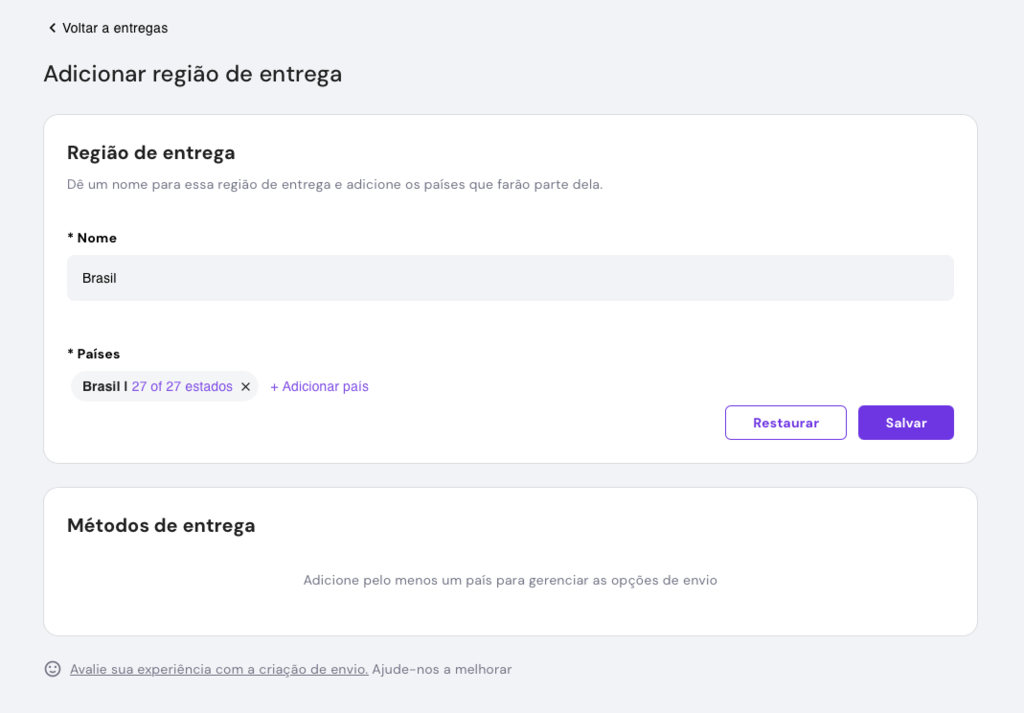 criando regi&atilde;o de entrega no gerenciador de loja virtual do exemplo de produto em loja virtual criada no criador de sites da hostinger