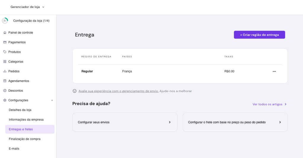 configura&ccedil;&otilde;es de entrega no gerenciador de loja virtual do exemplo de produto em loja virtual criada no criador de sites da hostinger