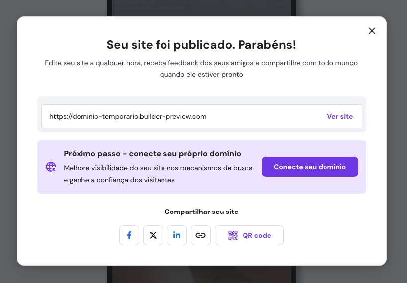 aviso do criador de sites da hostinger de site publicado com convite para conectar dom&iacute;nio