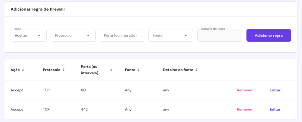 adicionando regra de firewall na hostinger