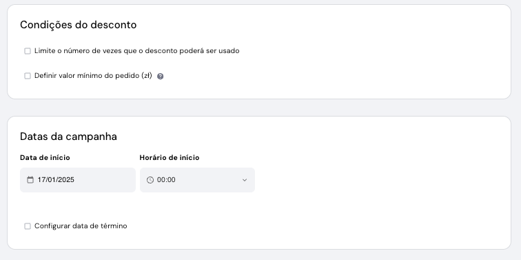 p&aacute;gina para criar condi&ccedil;&otilde;es de desconto no criador de sites da hostinger