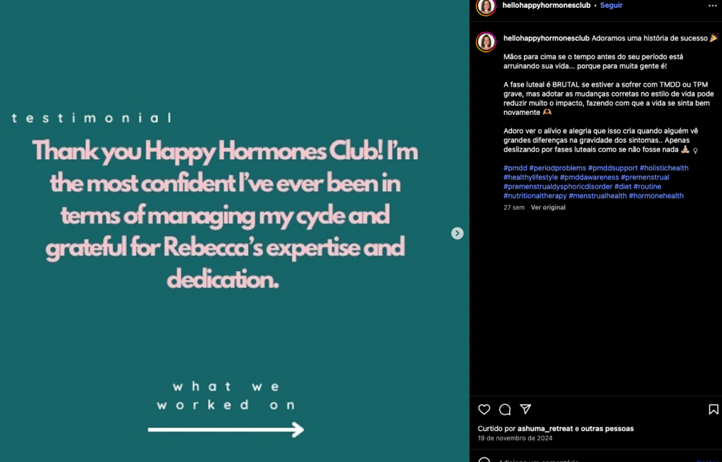 sess&otilde;es em grupo para mulheres com Transtorno Disf&oacute;rico Pr&eacute;-Menstrual (TDPM) no instagram