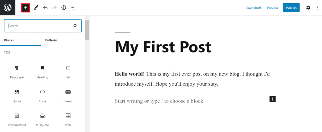 Schermata dell'editor di testo di WordPress che mostra tutti i blocchi.