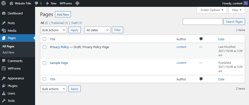 Aggiunta di pagine WordPress al vostro sito web