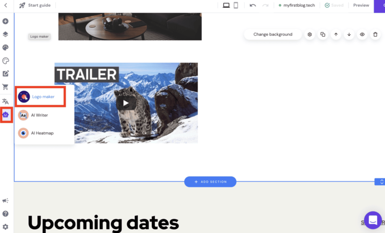 Logo maker visualizzato nel menu strumenti AI del wbesite builder di Hostinger 