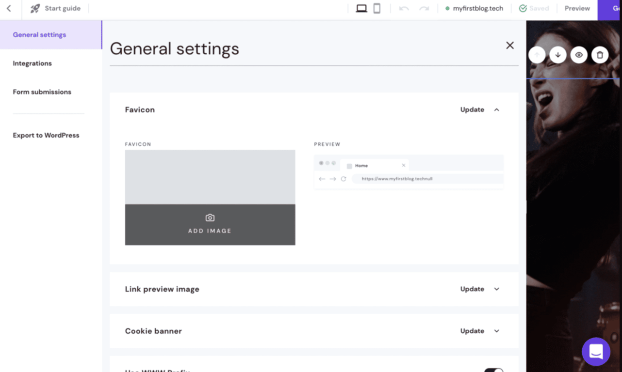 Impostazioni delle favicon visualizzate nelle impostazioni generali del sito web