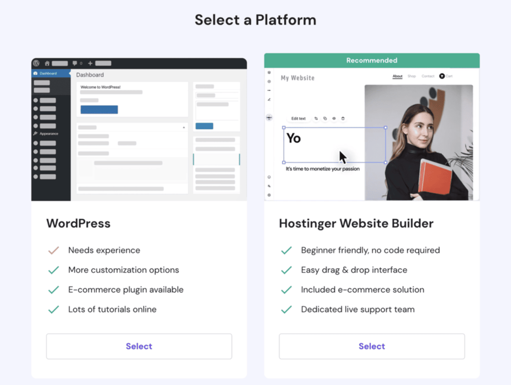 Opzioni della piattaforma di costruzione del sito web di hosting 