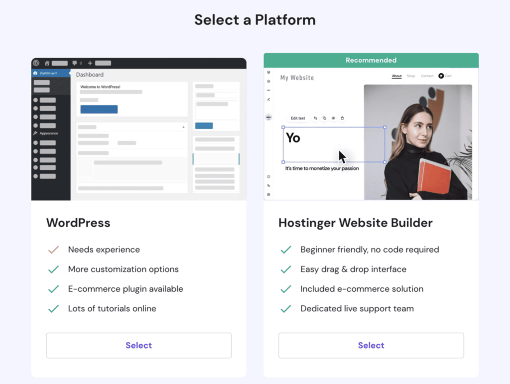 Opzioni della piattaforma di costruzione del sito web di hosting