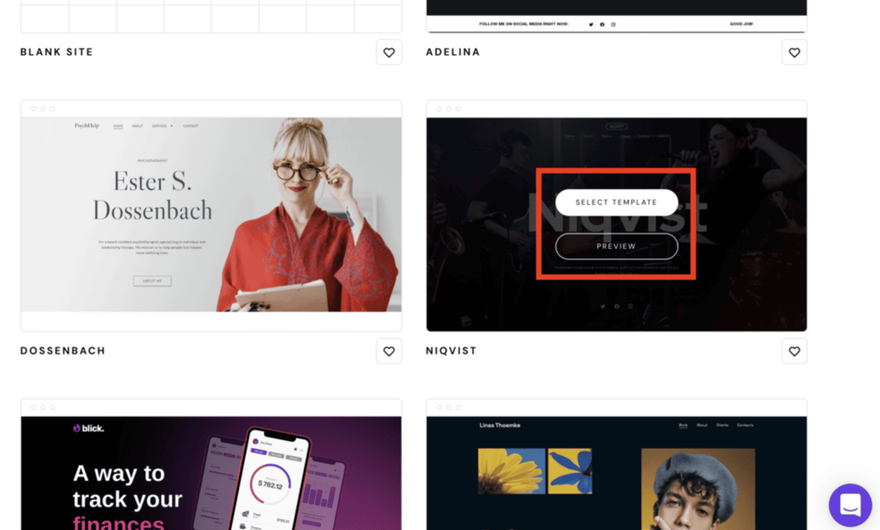 Selezione del modello e anteprima nel costruttore di siti web Hostinger