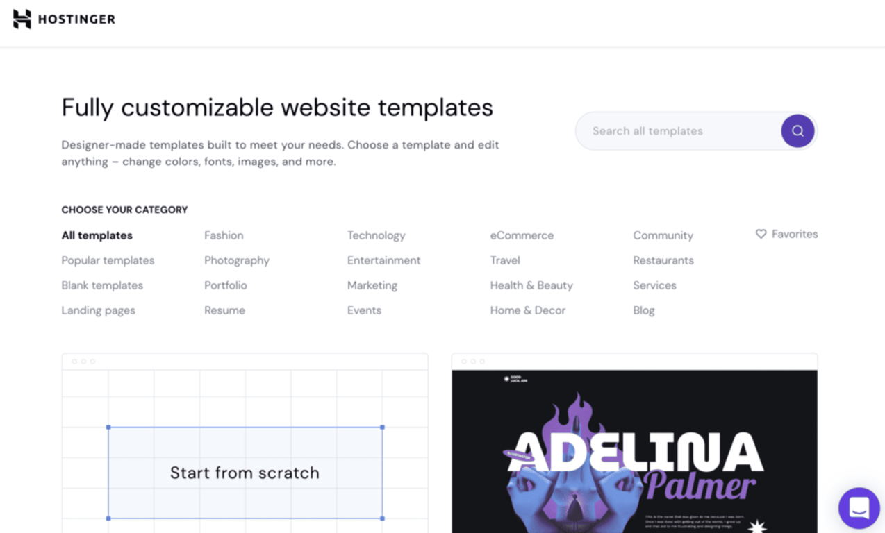 Libreria di modelli del costruttore di siti web Hostinger