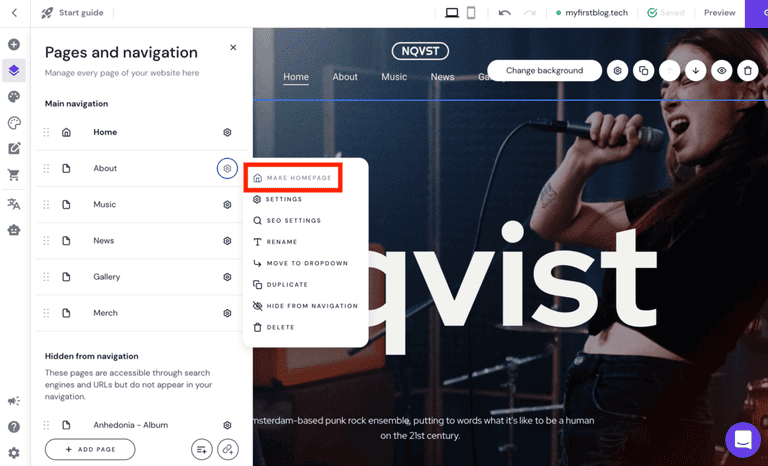 Selezione di una pagina iniziale dal menu Pagine e navigazione