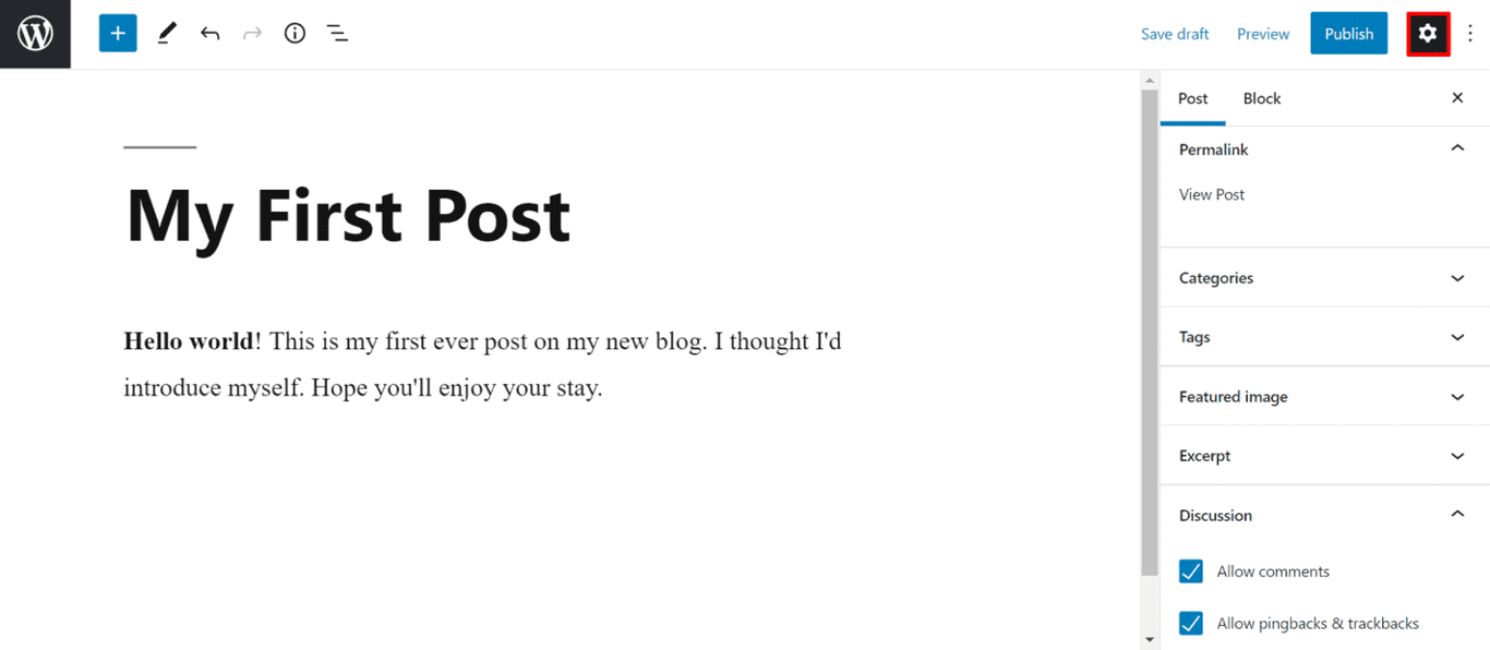Schermata dell'editor di testo di WordPress che mostra dove si trovano le impostazioni.