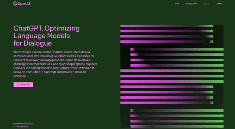 Pagina ChatGPT sul sito web OpenAI con il pulsante Prova ChatGPT evidenziato
