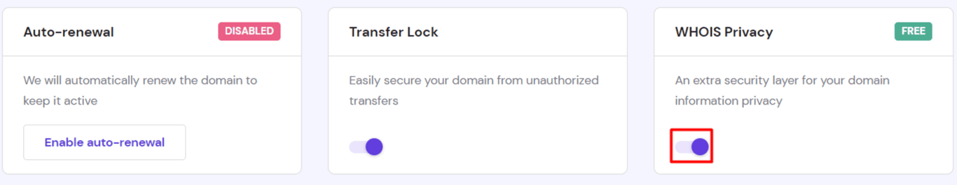 La funzione WHOIS Privacy di hPanel.