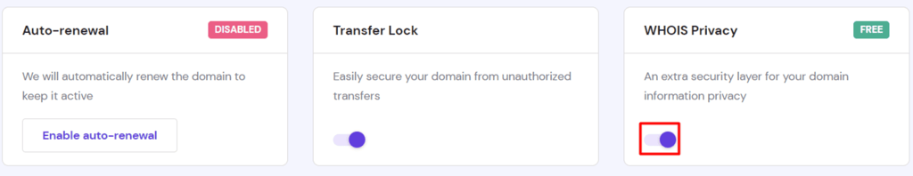 La funzione WHOIS Privacy di hPanel.