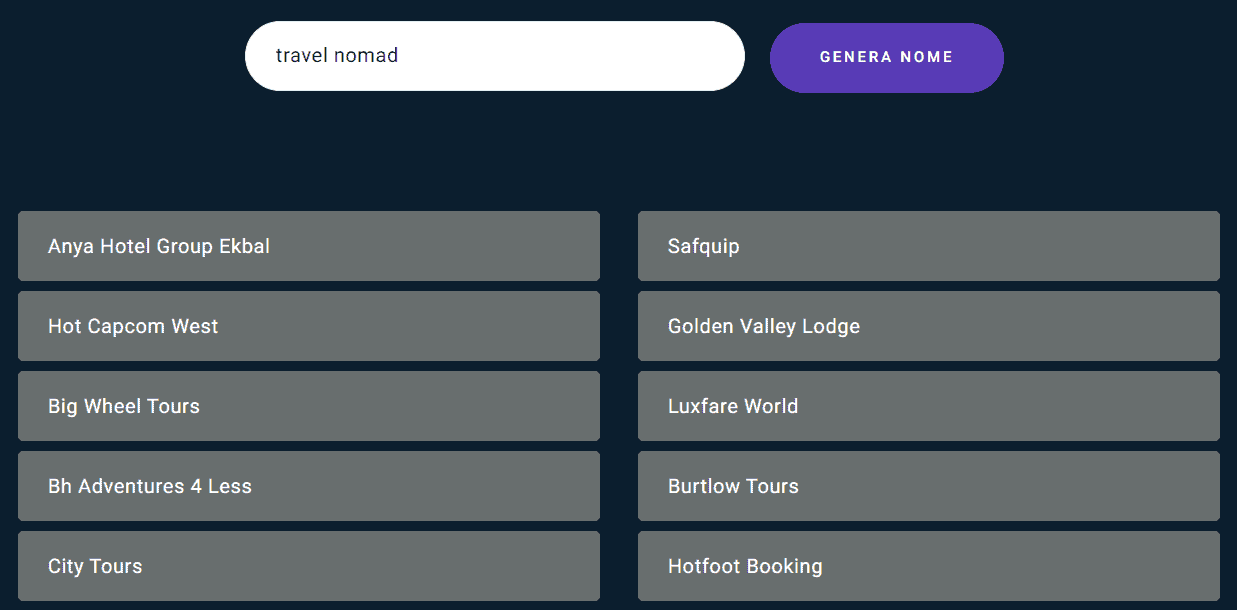 Interfaccia del generatore di nomi aziendali di Zyro che mostra un elenco di opzioni di nome per la parola chiave "travel nomad"