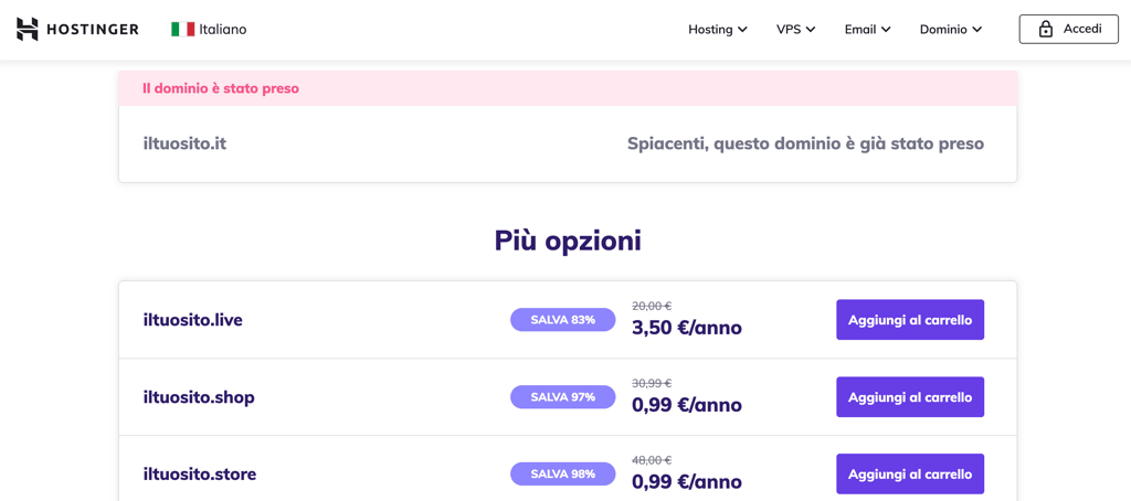 Opzioni di estensione del dominio sul Domain Checker di Hostinger.