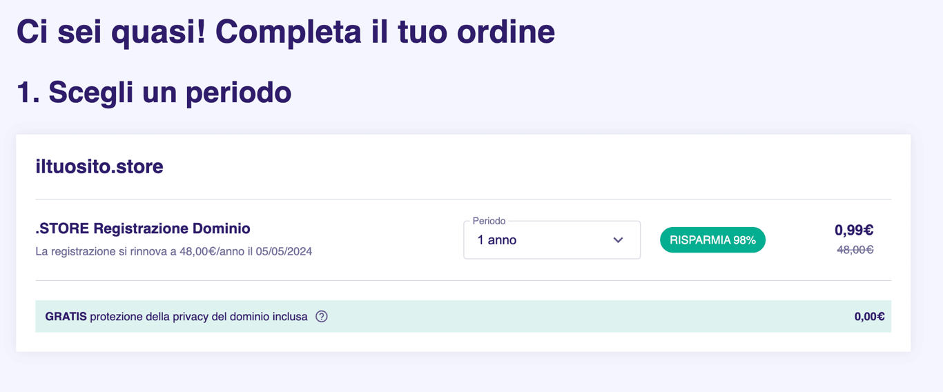 La pagina del carrello di Hostinger Domain Checker mostra le fasi di scelta del periodo e di creazione dell'account del processo di acquisto del dominio.
