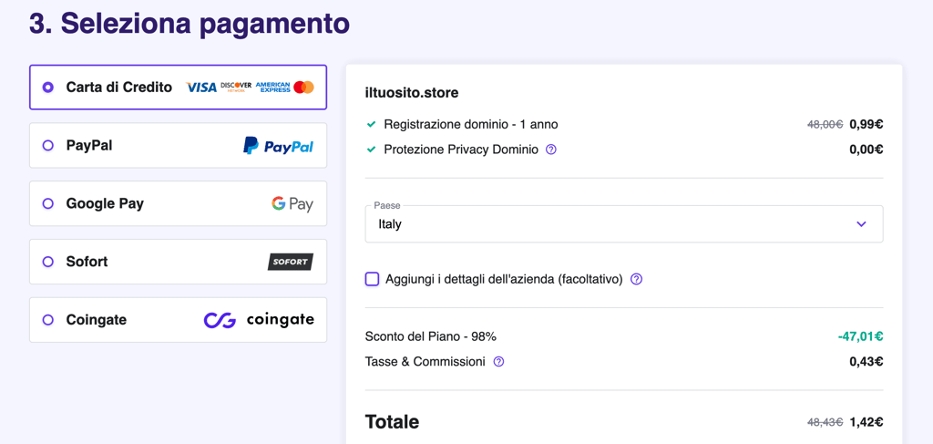 La pagina del carrello di Hostinger Domain Checker mostra la fase di selezione del pagamento del processo di acquisto del dominio.