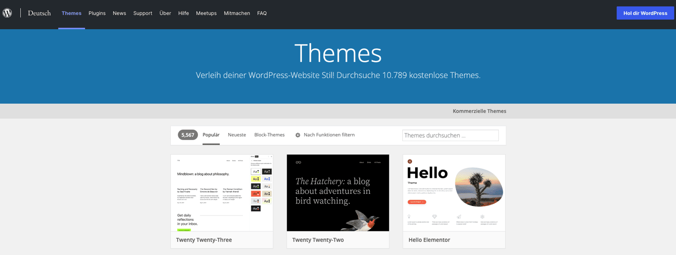 La pagina dei temi su wordpress.org
