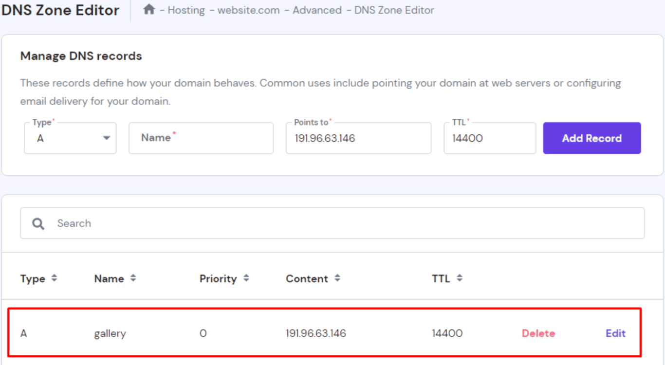 Il pannello DNS Zone Editor, con l'evidenziazione del record appena aggiunto per un sottodominio