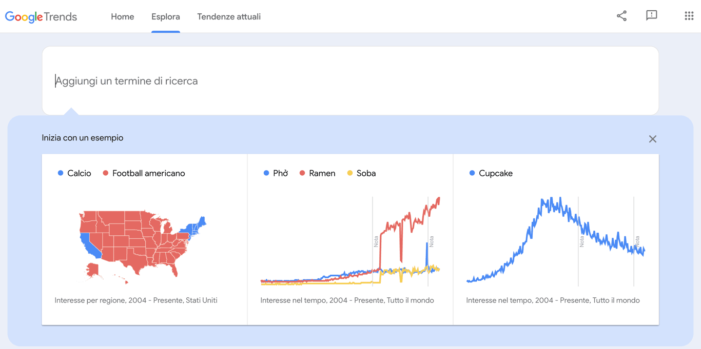 Pagina di esplorazione di Google Trends.