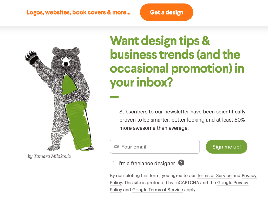 Uso delle CTA nel blog di 99designs per attirare i visitatori alla conversione.