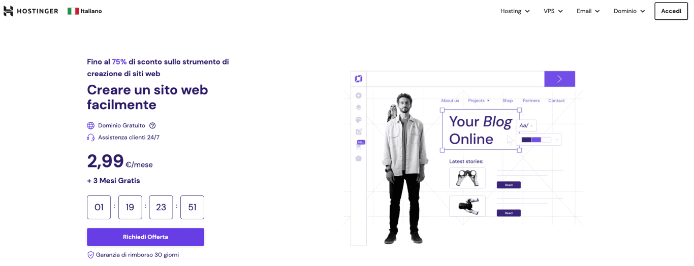 Pagina di destinazione del costruttore di siti web Hostinger