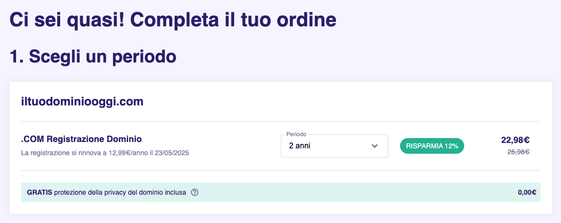 La pagina di pagamento di Hostinger per la registrazione .com
