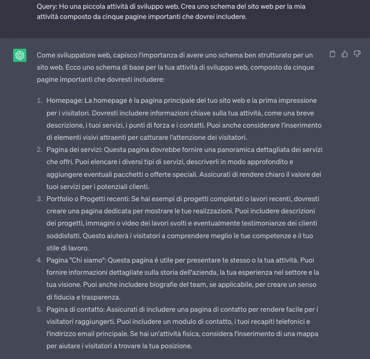 Schema del sito web generato da ChatGPT.