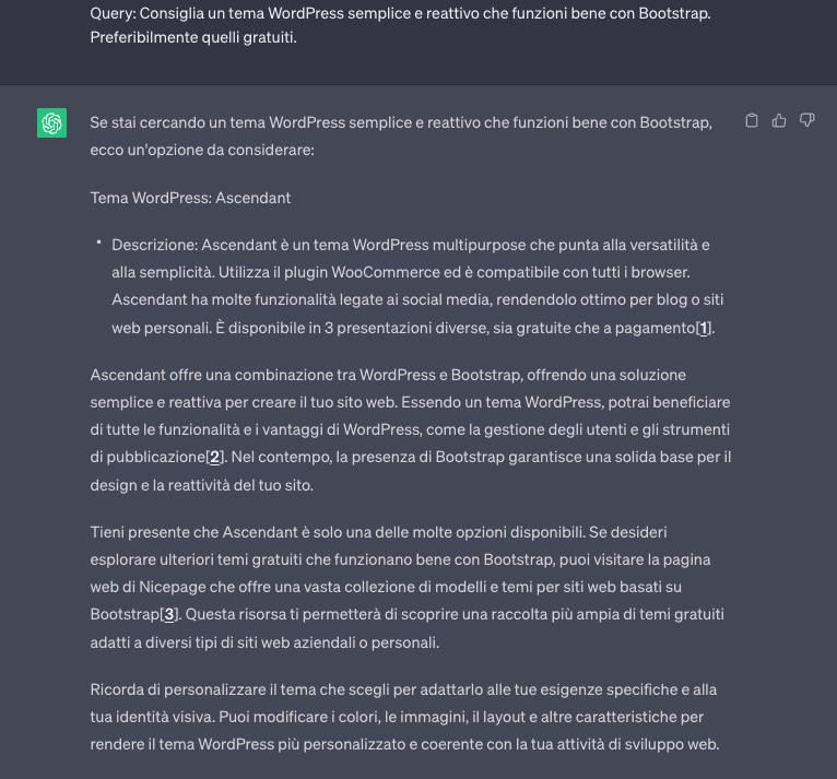 Raccomandazione sul tema WordPress da ChatGPT