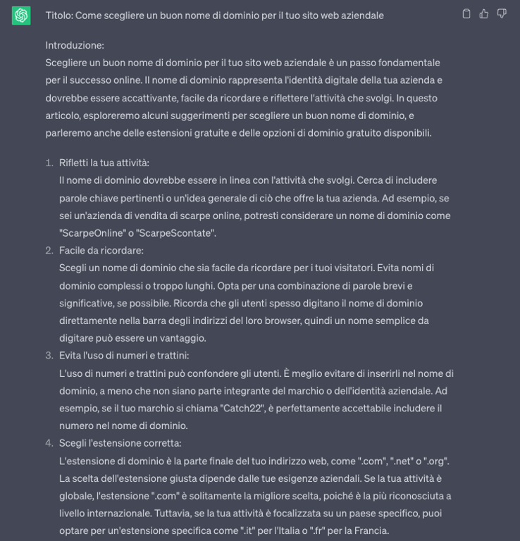 ChatGPT ha fornito consigli sulla scelta di un buon nome di dominio.