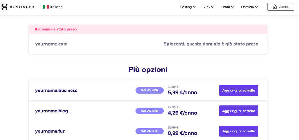 Scelta di un dominio di primo livello disponibile da Hostinger.