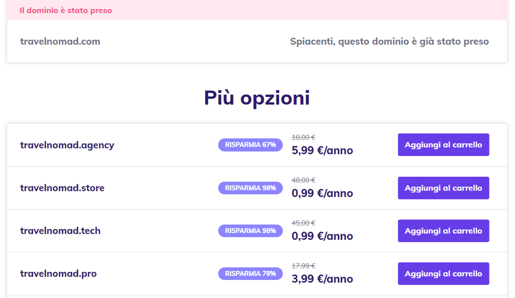 Risultati del Domain Checker di Hostinger per travelnomad.com