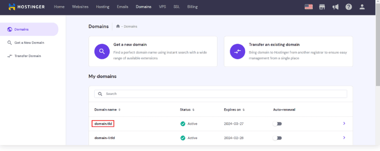 Selezione di un dominio nella pagina Domini su hPanel