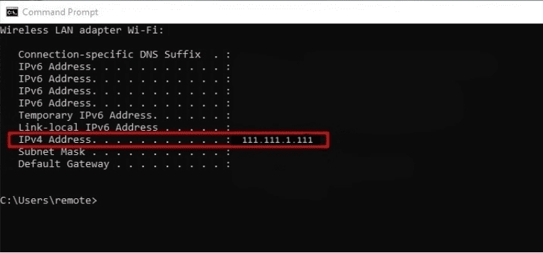 Screenshot dall'app Prompt dei comandi che mostra il tuo indirizzo IPv4