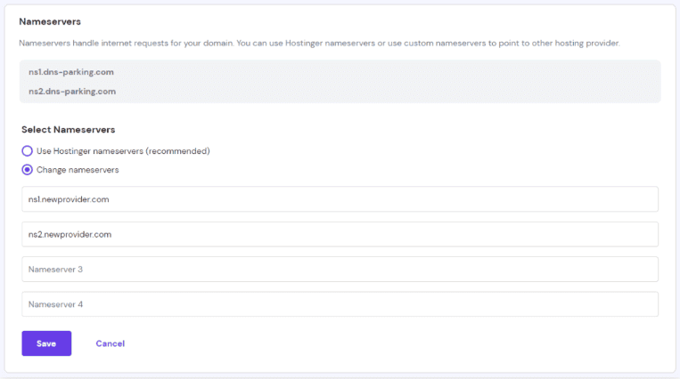 Sezione Seleziona server dei nomi su hPanel
